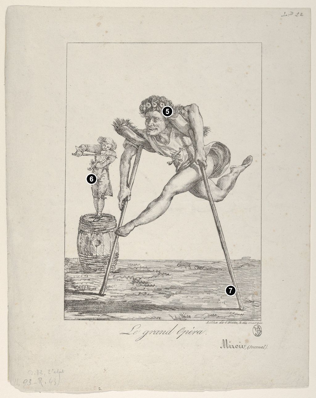 Annotated details from Le Grand Opéra - Separate 1821 Lithograph by Eugène Delacroix